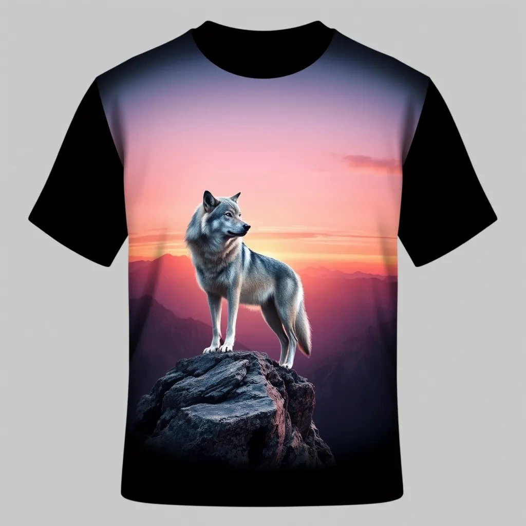 T-shirt with a wild wolf with silver fur standing on a cliff overlooking a vast mountain range, bathed in the soft pink and orange glow of a sunset, a t-shirt with short sleeves