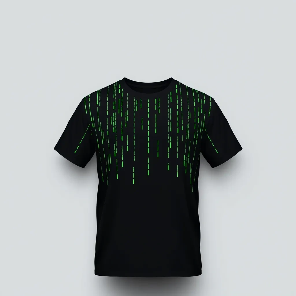 T-shirt with a minimalist representation of a digital rain pattern, reminiscent of the Matrix, in green on a black background, creating a sleek and stylish effect, a t-shirt with short sleeves