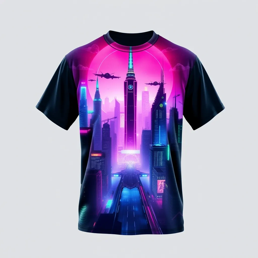 T-shirt with a futuristic cityscape illuminated by neon lights of pink, blue, and green, showcasing towering skyscrapers and flying vehicles in a vibrant cyberpunk style, a t-shirt with short sleeves