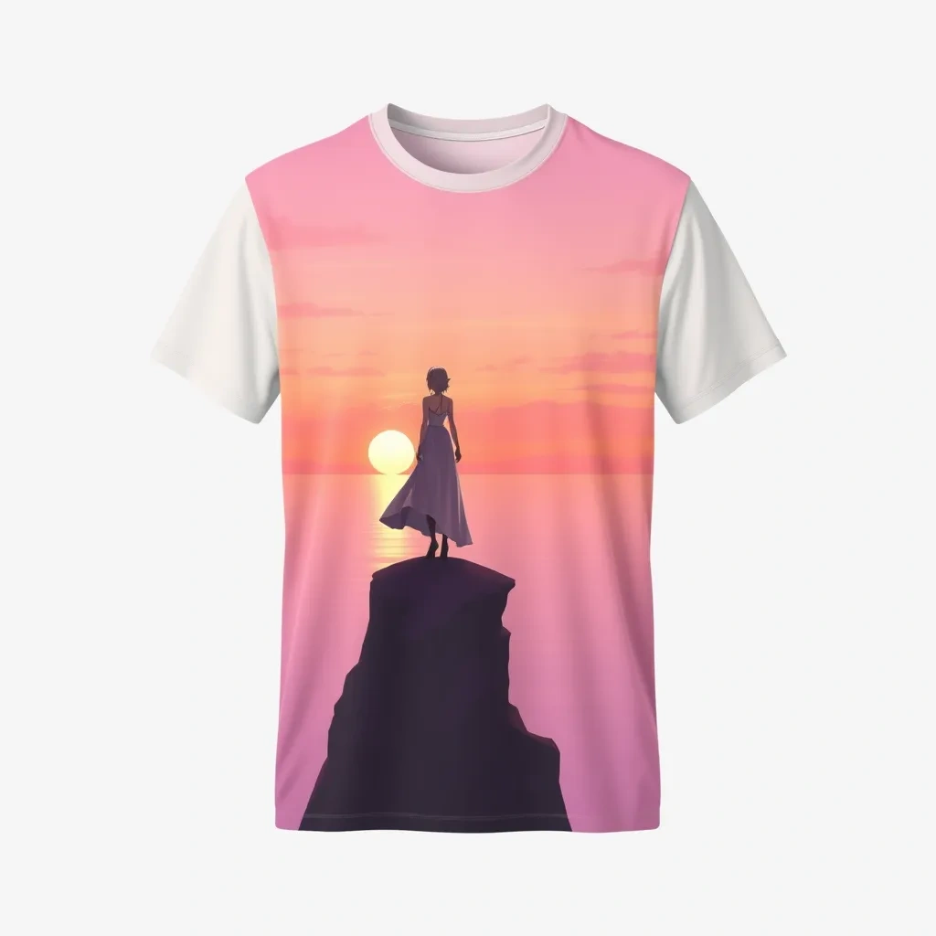 T-shirt with an elegant anime figure standing on a cliff overlooking a serene ocean at sunset, using soft pink, orange, and purple tones for a tranquil and beautiful scene, a t-shirt with short sleeves