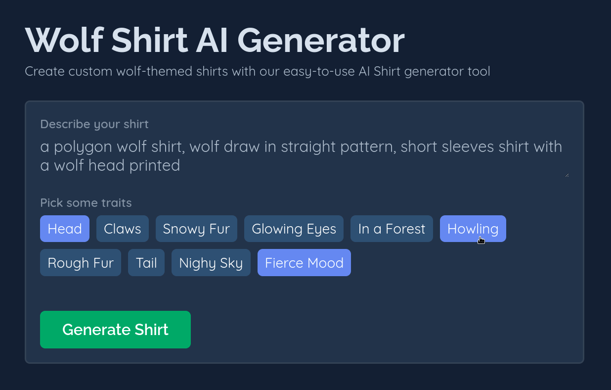 Image demonstrating where to enter the prompt for the shirt's description on Ai Shirtz's generator.