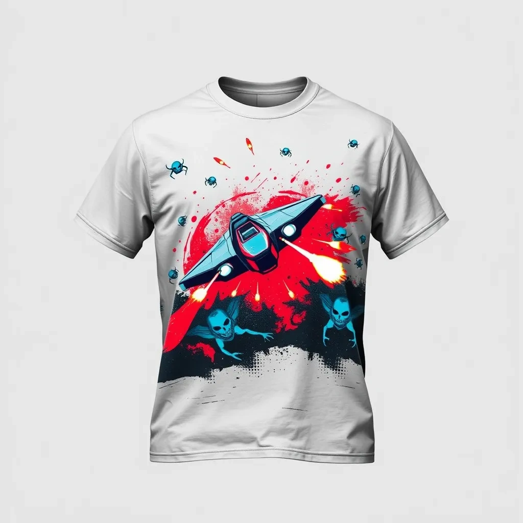 T-shirt with an action-packed scene of a spaceship shooting down alien invaders in pixelated detail, using bold reds and blues for an eye-catching effect, a t-shirt with short sleeves