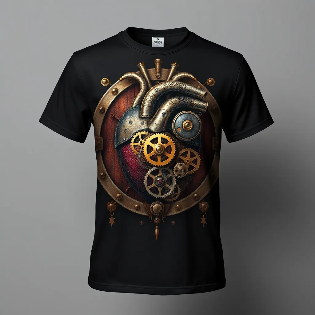 T-shirt with a Victorian-era clockwork heart with intricate gears and cogs, set against a dark brown and brass background for a true steampunk aesthetic, a t-shirt with short sleeves