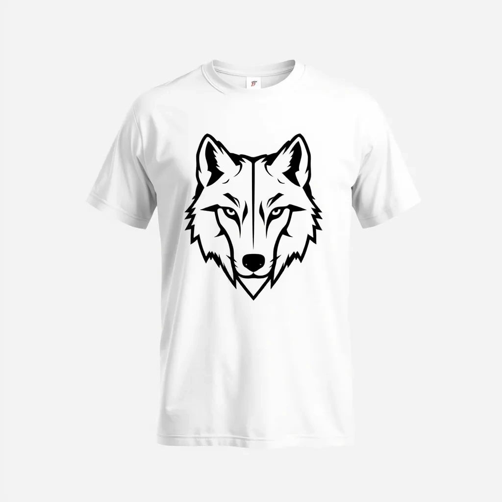 T-shirt with a sleek and minimalist wolf head outline in black, centered on a white shirt with no background for a clean and modern look, a t-shirt with short sleeves