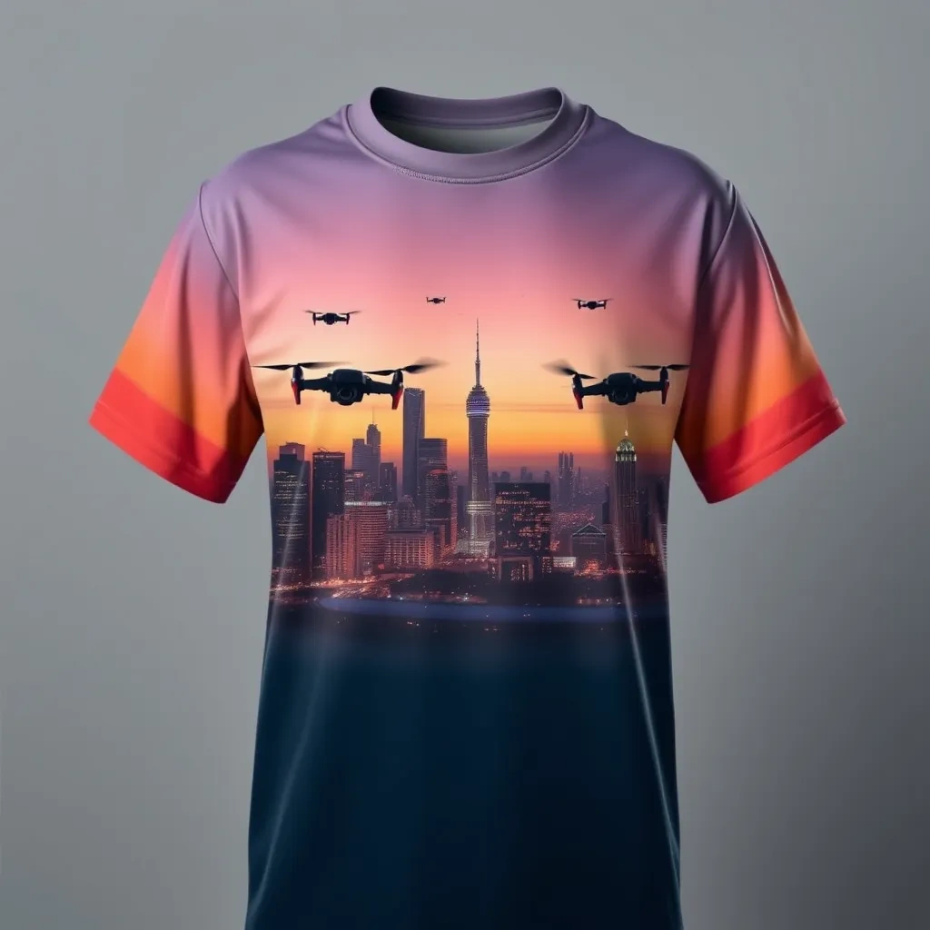 T-shirt with a high-tech skyline at dusk, with glowing windows, hovering drones, and neon signs illuminating the scene, in a blend of orange, pink, and dark blue tones, a t-shirt with short sleeves