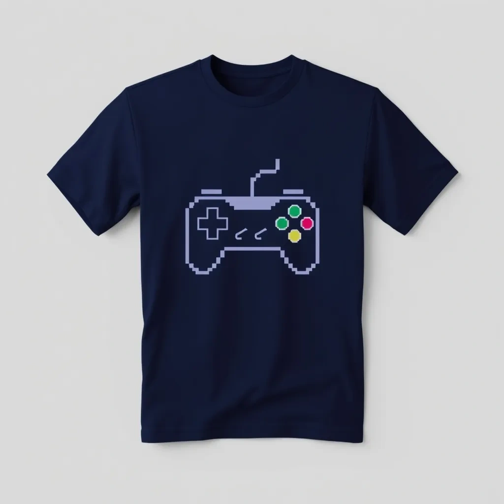 T-shirt with a single, large pixelated game controller in the center, on a solid navy blue background, keeping the design simple but nostalgic, a t-shirt with short sleeves