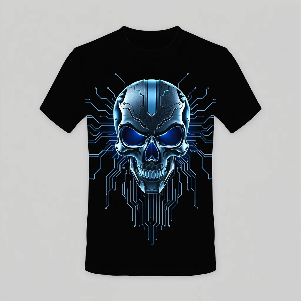 T-shirt with a sleek metallic cyborg skull design in silver and blue, centered on a black background, with circuit patterns running through the image for a dark, techy look, a t-shirt with short sleeves