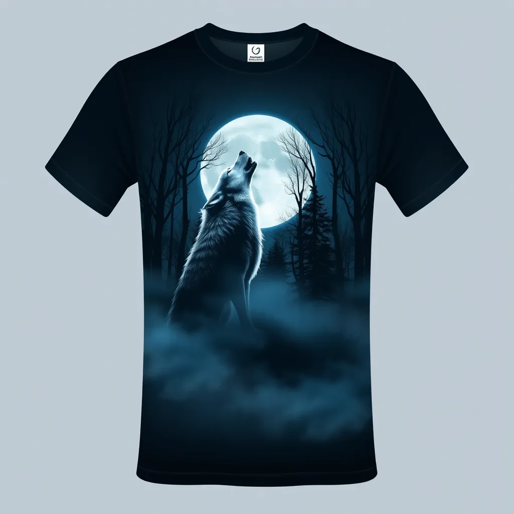 T-shirt with a majestic wolf howling at a glowing full moon set against a dark forest with mist rising from the ground, using a cool blue and gray color palette, a t-shirt with short sleeves