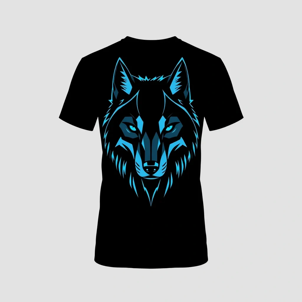 T-shirt with a geometric wolf design, with sharp angular lines and neon blue highlights, set against a black background for a sleek, modern look, a t-shirt with short sleeves