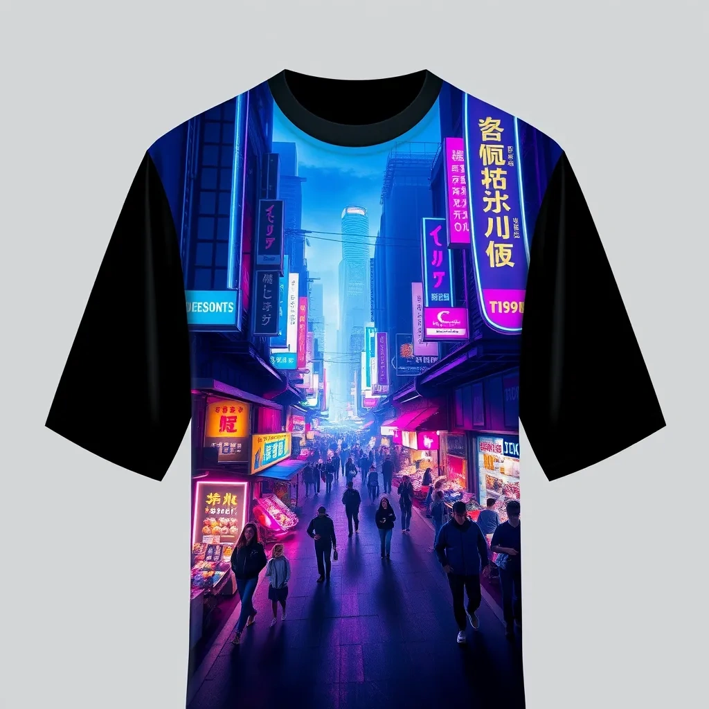 T-shirt with a street-level view of a bustling market in a neon-lit cyberpunk city, with holographic advertisements and diverse characters, in vibrant blues and purples, a t-shirt with short sleeves