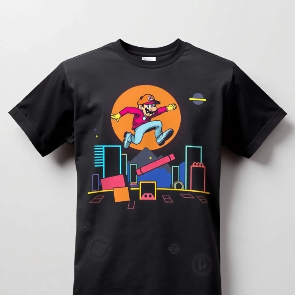 T-shirt featuring an iconic 8-bit pixel art character jumping over obstacles, with vibrant colors and a retro arcade background evoking nostalgic gaming vibes, a t-shirt with short sleeves