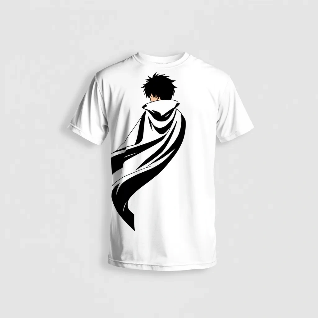 T-shirt with a silhouette of an anime character with a flowing cape, centered on a white background with subtle shadow effects for a striking and stylish design, a t-shirt with short sleeves