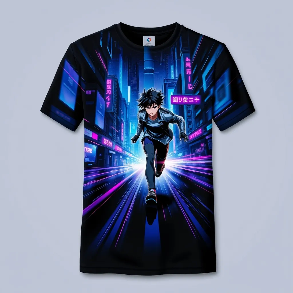 T-shirt with an anime character running through a futuristic cyber city, with neon lights and metallic textures, in shades of blue and purple, capturing a sense of speed and energy, a t-shirt with short sleeves