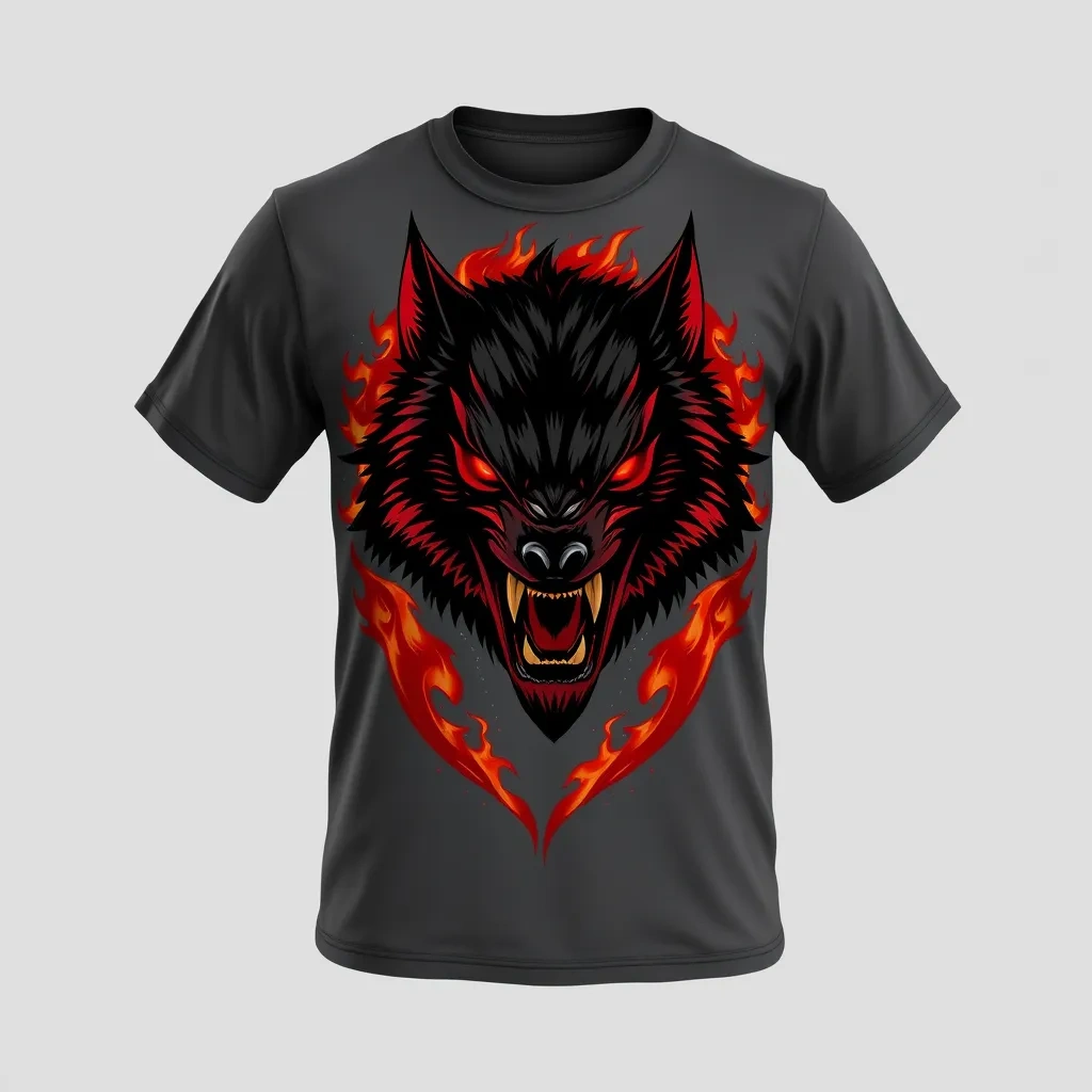 T-shirt with a fierce snarling wolf with glowing red eyes, surrounded by flames, using deep red and orange tones for an intense and aggressive feel, a t-shirt with short sleeves