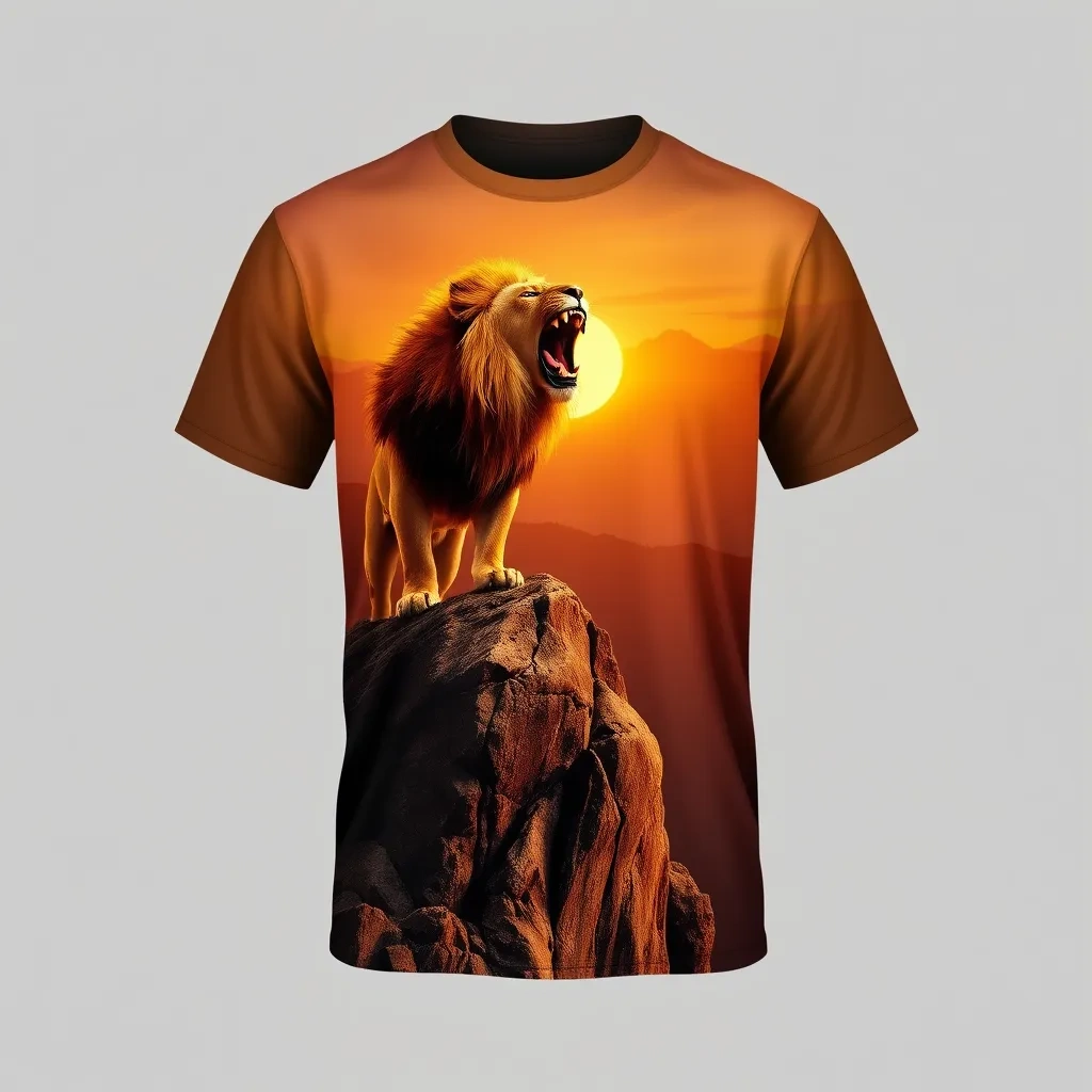 T-shirt with a majestic lion roaring on a rocky cliff, bathed in the golden light of sunrise, with deep oranges and yellows capturing the scene, a t-shirt with short sleeves