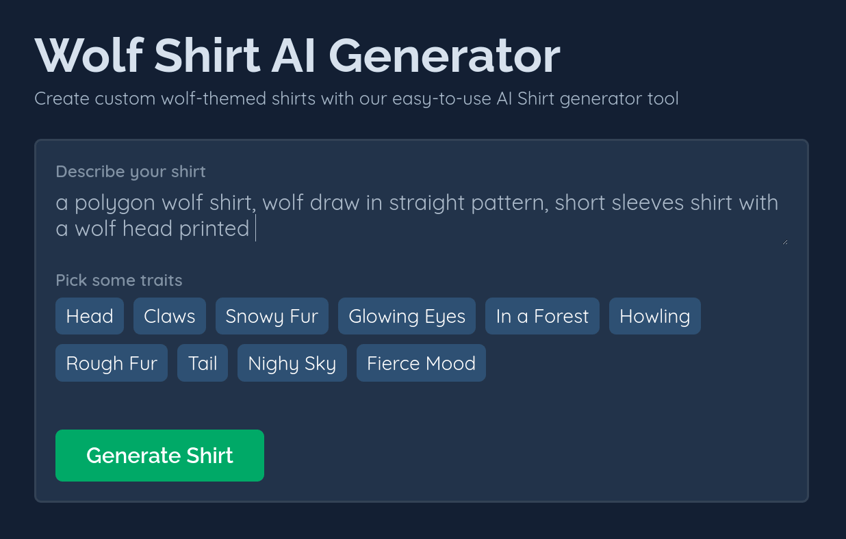 Image demonstrating where to enter the prompt for the shirt's description on Ai Shirtz's generator.