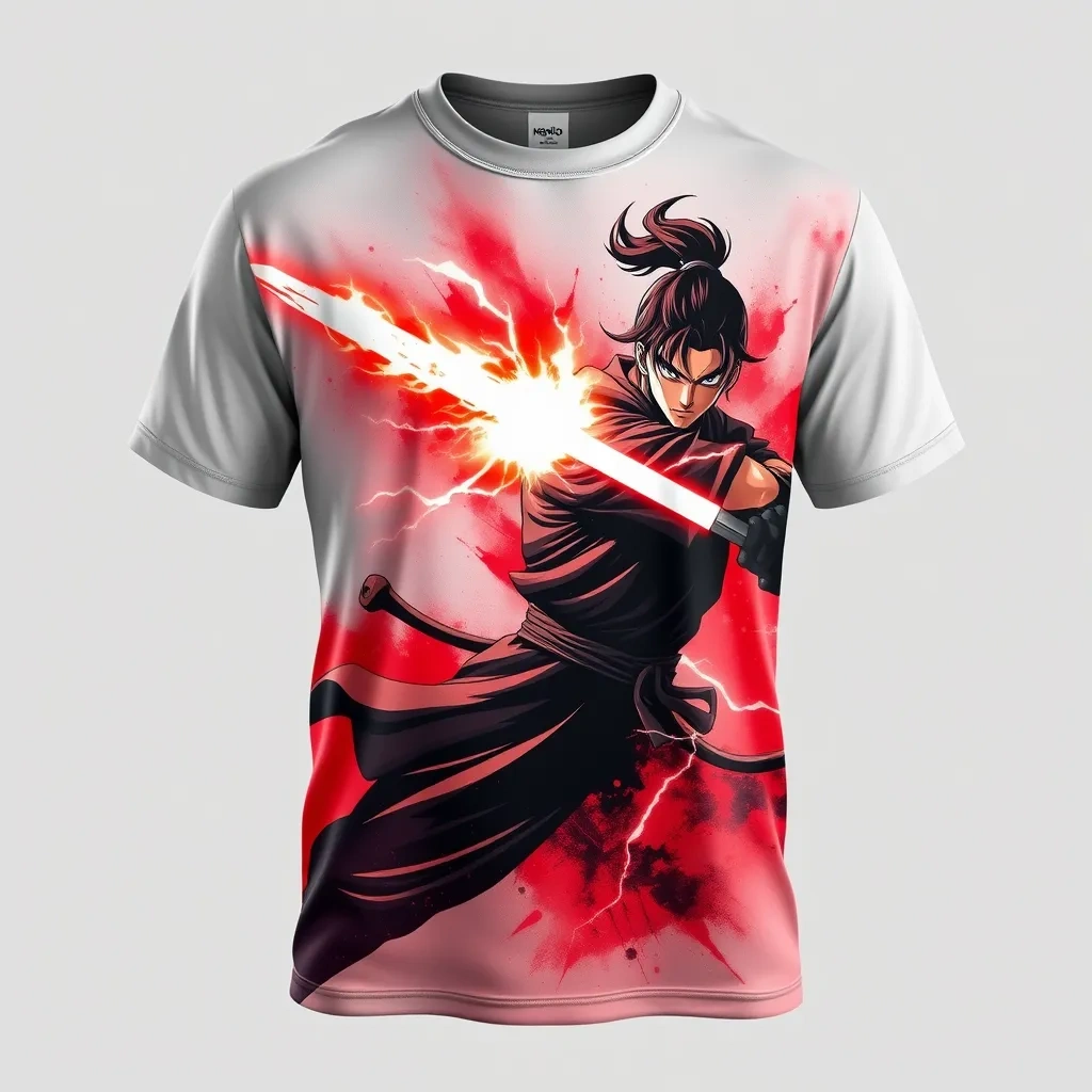 T-shirt with a fierce anime warrior in battle stance, wielding a glowing energy sword, surrounded by lightning effects and dark red and black hues for an intense, dramatic feel, a t-shirt with short sleeves